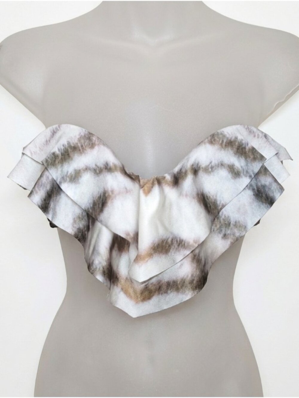 Wildfox Swim Silver Tiger Ruffle Bandeau Bikini Top Draped Tiered Tie Back